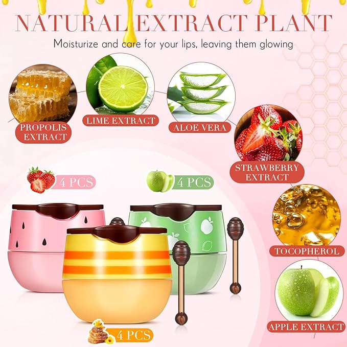 12 Pcs Bee Lip Balm Honey Pot with Brush Propolis Lip Mask Overnight, Moisturizing Hydrating Lip Sleeping Mask Prevention Dry and Cracked(Honey+Strawberry+Apple Lime)-VivaGrace Women