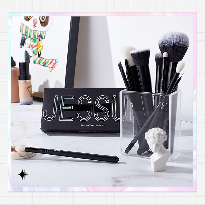 Jessup Makeup Brush Set 10pcs Black Make up Brushes Set Professional with Natural Synthetic Hair for Foundation Blending Blush Concealer Eyeshadow Eyebrow Eyeliner, T323-VivaGrace Women