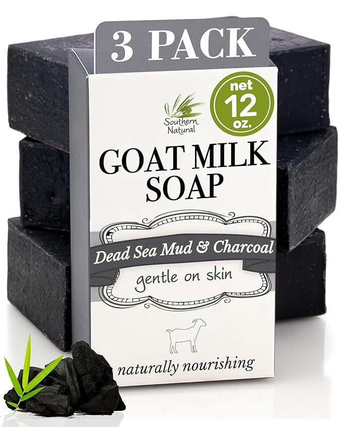 Southern Natural Activated Charcoal Soap Bar (3 Pack) Face and Body Soap For Sensitive Skin With Dead Sea Mud, Goat Milk & Peppermint Essential Oil-VivaGrace Women