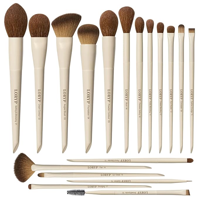 LORYP Makeup Brushes Set Labeled 18 Piece Face and Eye Brush Set Ultra soft hair Foundation, Concealer, Blush, Contour, Blending, Eyeshadow Khaki Brush kit-VivaGrace Women