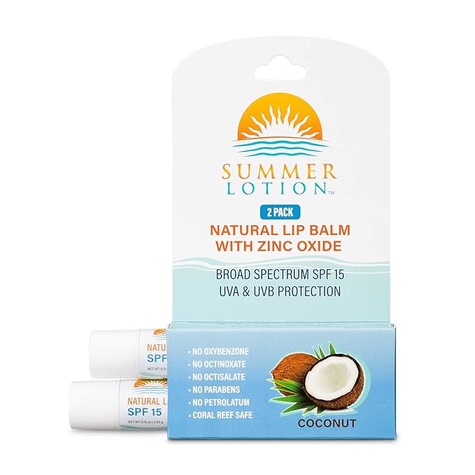 Natural Lip Balm with Zinc Oxide Sunblock by Summer Lotion, SPF 15 Lip Sunscreen 2-Pack, Water Resistant Chapstick, SPF Lip Protection for Everyone, (Coconut)-VivaGrace Women