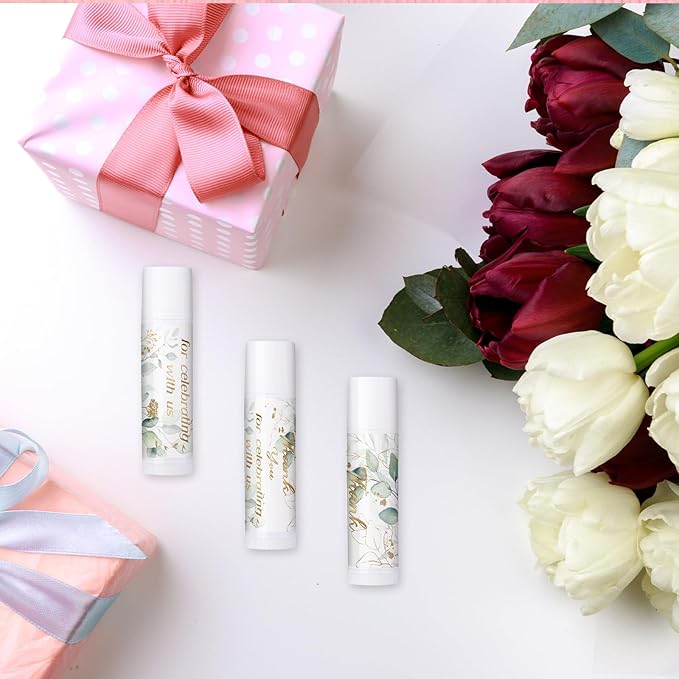 Dunzy 50 Pcs Thank You Gift Lip Balm Bulk Baby Shower Party Favors Bridal Shower Favor Lip Care with Assorted Fruit Flavors Thank You Lipstick for Guest Basket Gift Stuffer (Eucalyptus)-VivaGrace Women