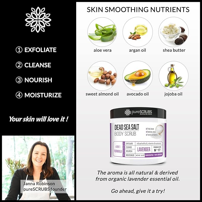 pureSCRUBS Premium Lavender Body Scrub Set - Large 16oz Dead Sea Salt Body Scrub With Infused Essential Oils & Nutrients, Includes Wooden Spoon, Loofah & Oatmeal Exfoliating Bar Soap-VivaGrace Women