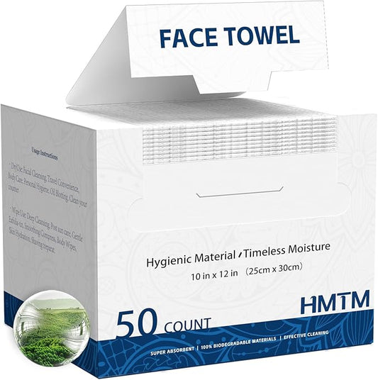 Face Towels, 10” x 12”, Extra Thick Soft and Absorbent, Face Towelettes Disposable Biodegradable for Sensitive Skin, Disposable Face Towels for Makeup Remover, Cleansing, 50 Count（1 Pack）