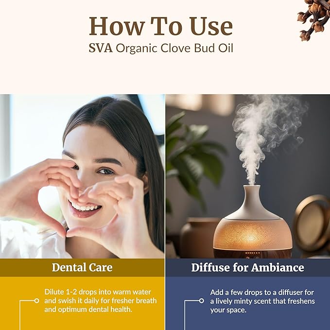 SVA Clove Essential Oil Organic – 4 Fl Oz – 100% Natural Organic Clove Oil - for Diffuser, Hair Care, Face, Skin Care, Aromatherapy, Scalp and Body Massage, Soap and Candle Making - with Dropper-VivaGrace Women
