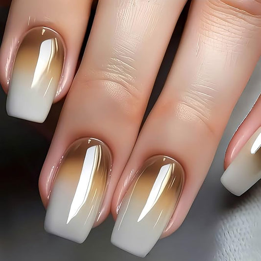 Medium Length Press on Nails Square Fake Nails Ombre False Nails with Designs Sparkly Artificial Nails Full Cover Glue on Nails Acrylic Nail Press ons Cute Stick on Nails for Women 24Pcs