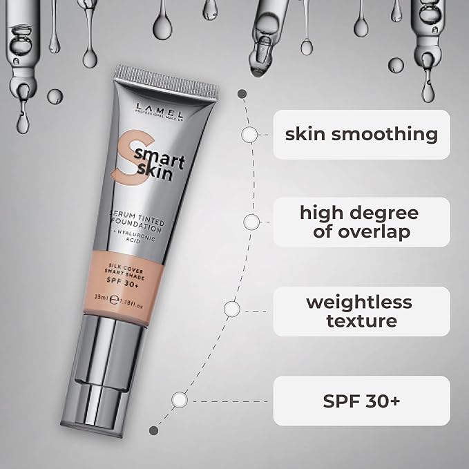 LAMEL Smartskin Serum Tinted Foundation - Hydrating & Nourishing - Hypoallergenic & Skin-Caring - Color Correcting - Anti-Aging Formula with Hyaluronic Acid, 404-1,18 fl.oz-VivaGrace Women