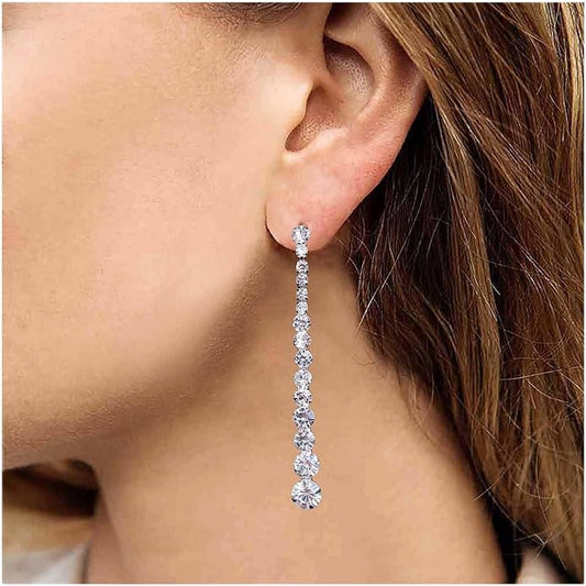 Vintage Rhinestone Chain Drop Earrings Silver Linear Crystal Earrings Sparkle Cz Tassel Earrings Long Cz Chain Stud Earrings Jewelry for Women and Girls-VivaGrace Women