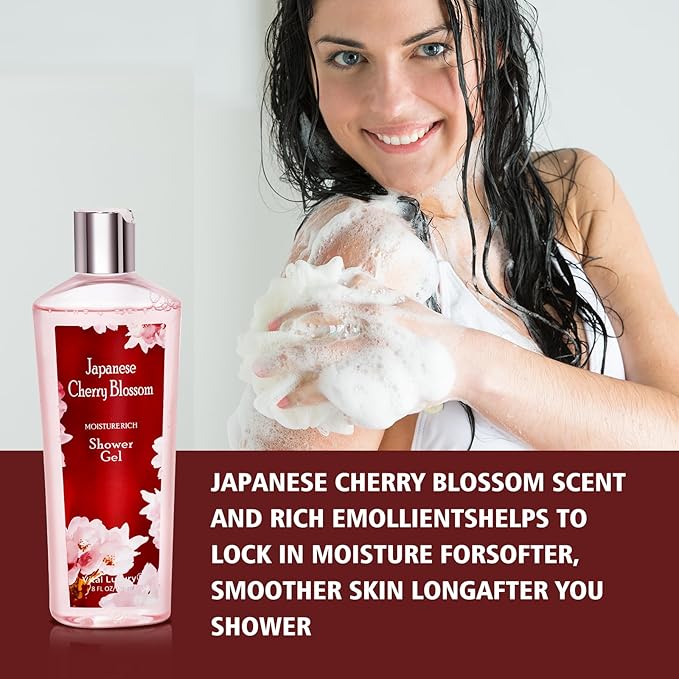 Japanese Cherry Blossom Shower Gel and Body Cream Set - Nourishing and Moisturizing Daily Skincare - 8 fl.oz / 236mL Each, Christmas Gifts for Her and Him (Japanese Cherry Blossom)-VivaGrace Women