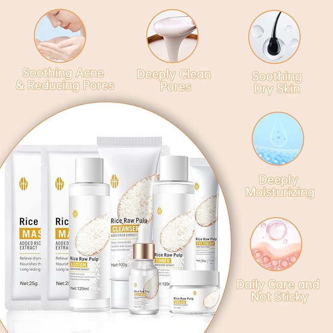 Rice Deep Nourishing Facial Care Set, 6Pcs Face Care Set for Women, Skin Care Set Includes Facial Cleanser, Toner, Lotion, Essence, Cream and Eye Cream.-VivaGrace Women