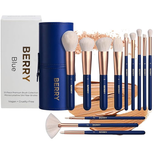 BERRY Blue Premium Makeup Brush Set – 12-Piece Professional Ultra-Soft Synthetic Brushes for Face & Eyes | Foundation, Powder, Blush, Concealer, Eyeshadow – Vegan, Cruelty-Free, Numbered, Travel Case-VivaGrace Women