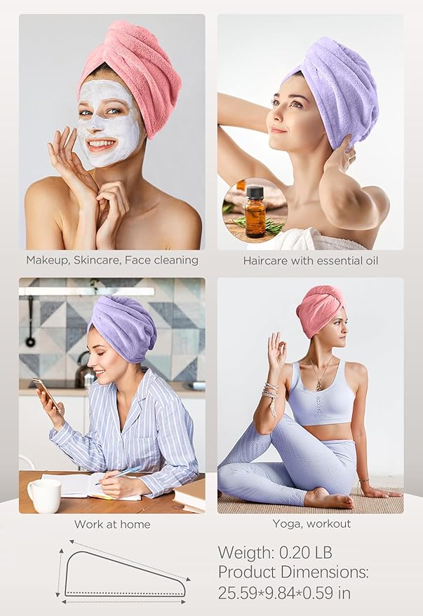 Hicober Microfiber Hair Towel, 2Packs Hair Turbans Wrap for Women Wet Hair, Hair Drying Towels for Curly Hair Anti Frizz(Purple,Pink)-VivaGrace Women