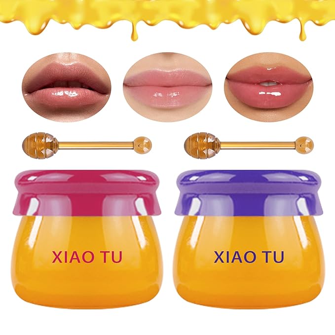 2PCS Lip Balm Honey Pot,Moisturizing Lip Sleep Mask,Prevention Dry and Cracked Overnight Sleeping Lip Mask with Brush,Reduces Lip Lines Long Lasting Hydrating Lip Care Scrubs Exfoliator-VivaGrace Women