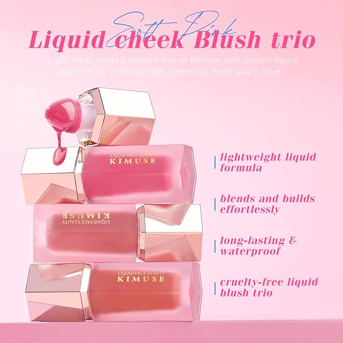 KIMUSE Soft Pink Gel-Cream Blush Trio, Liquid Blush for Cheeks, Weightless, Long-Wearing, Smudge Proof, Natural-Looking, Dewy Finish, Skin Tint Blush Makeup, 0.42 Fl Oz (love pink)-VivaGrace Women