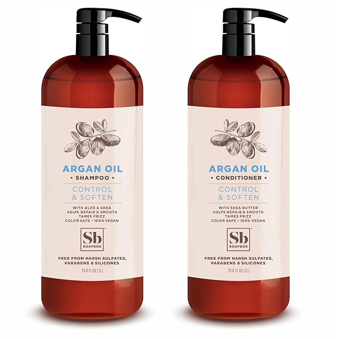 Soapbox Argan Shampoo & Conditioner Set, Volumizing, Vegan, Color Safe, Harsh Sulfate & Silicone Free, 1 Liter Each (Pack of 2)-VivaGrace Women