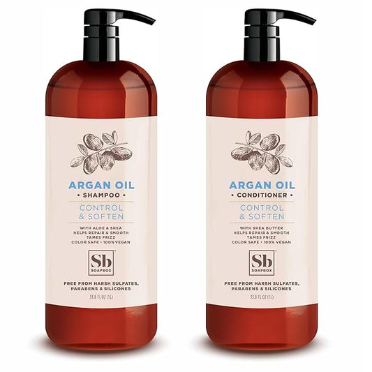 Soapbox Argan Shampoo & Conditioner Set, Volumizing, Vegan, Color Safe, Harsh Sulfate & Silicone Free, 1 Liter Each (Pack of 2)-VivaGrace Women