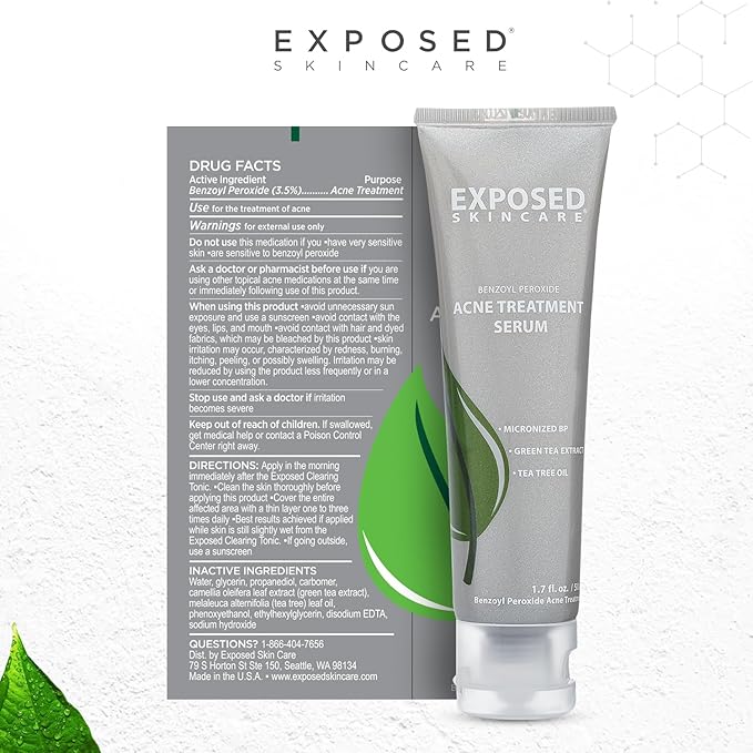 Exposed Skin Care Acne Treatment Kit - Includes Facial Cleanser, Clearing Tonic, Acne Treatment Serum, Clear Pore Serum, Clarifying Mask, Cloth - Natural Acne Solution for Face, All Ages & Skin Types-VivaGrace Women