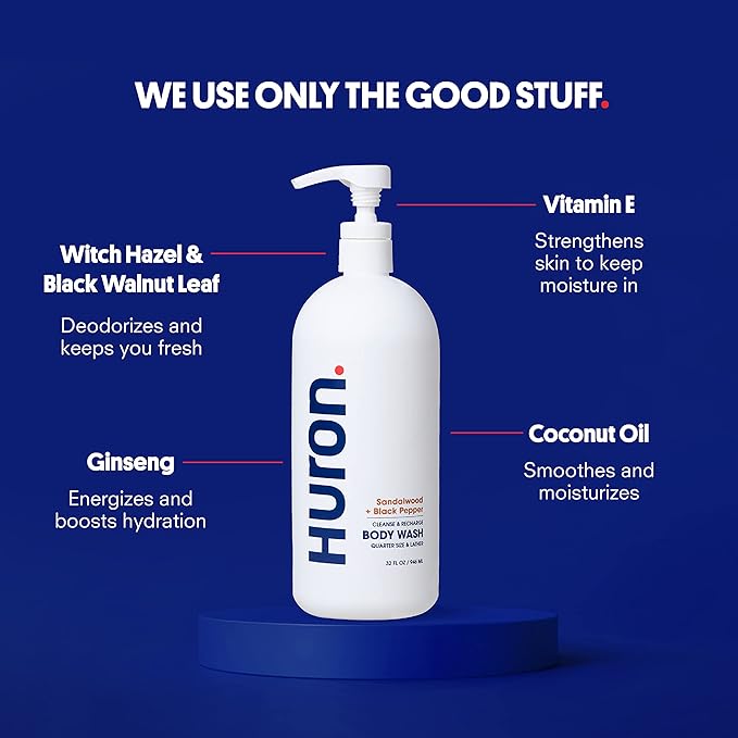 Huron Men’s Moisturizing Body Wash - Clean & Woody Scent of Sandalwood, Black Pepper, Cedarwood, & Amber - Made With Coconut Oil, Vitamin E & Witch Hazel - Vegan, Cruelty-Free - 32 fl oz-VivaGrace Women
