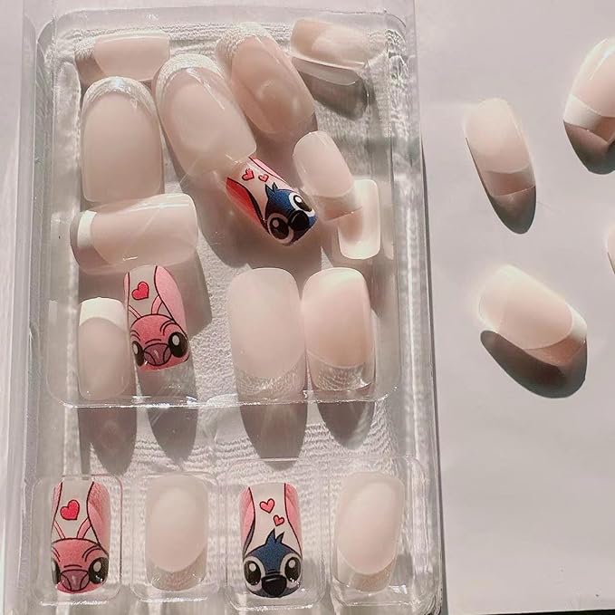 French Tip Press on Nails Short Square Cute Fake Nails with Cartoon Design French Nails Tips Full Cover Glossy Stick on False Nails for Women Party DIY Decor 24Pcs