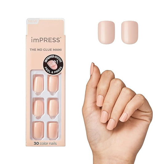 KISS imPRESS No Glue Mani Press On Nails, Color, 'Peevish Pink', Pink, Short Size, Squoval Shape, Includes 30 Nails, Prep Pad, Instructions Sheet, 1 Manicure Stick, 1 Mini File