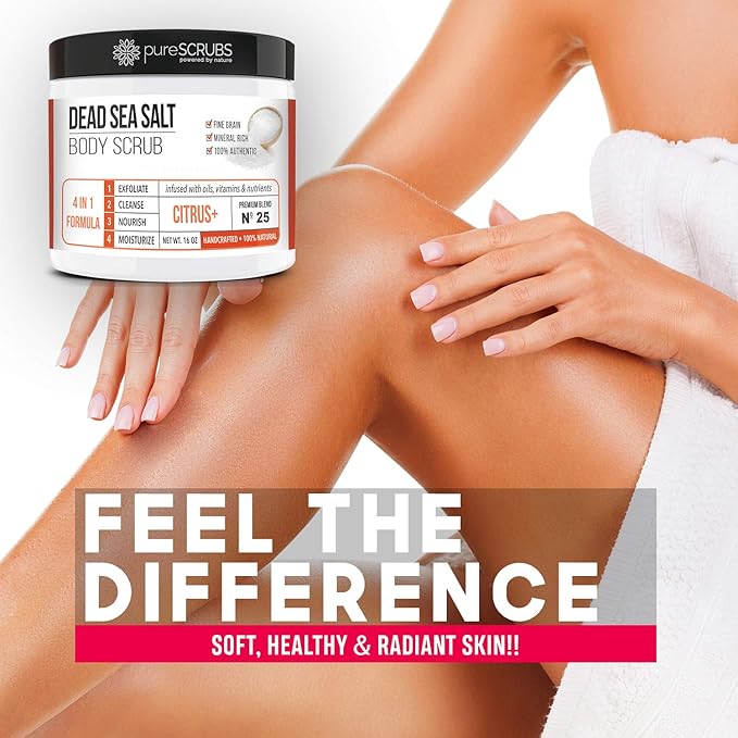 pureSCRUBS Premium Citrus Body Scrub Set - Large 16oz Dead Sea Salt Body Scrub With Infused Essential Oils & Nutrients, Includes Wooden Spoon, Loofah & Oatmeal Exfoliating Bar Soap-VivaGrace Women