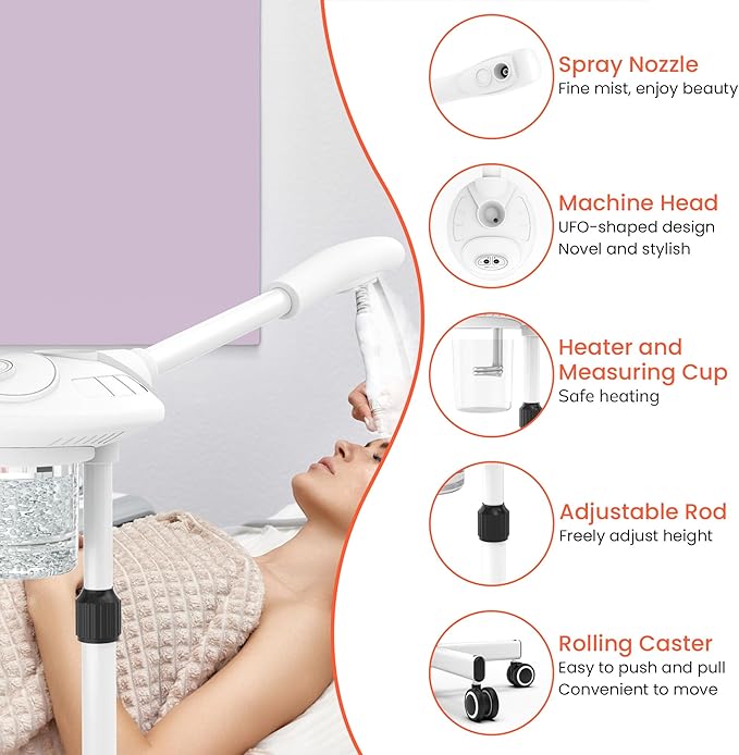 TASALON Professional Facial Steamer with Ozone, Vapor ozono Facial Steamer Professional for Clean Skin, Firm Pores, Esthetician Steamer for Home or Salon Use, Adjustable Height and Angle,White-VivaGrace Women