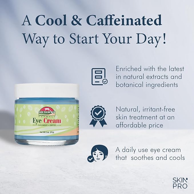 South Beach Herbals Cucumber & Coffee Anti Aging Eye Cream - Brightening and Tightening Anti Wrinkle Under Eye Treatment for Women and Men - Eye Cream for Dark Circles and Puffiness (2 oz.)-VivaGrace Women