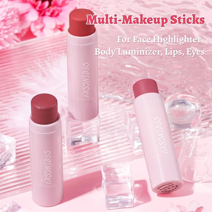 Face Stick Trio 3Pcs Multi-Use Makeup Blush Sticks, Buildable Blendable Lightweight Cream Blush Stick for Cheeks Make Up For Women 3-in-1 Blusher and Lip Makeup Sticks (04)-VivaGrace Women