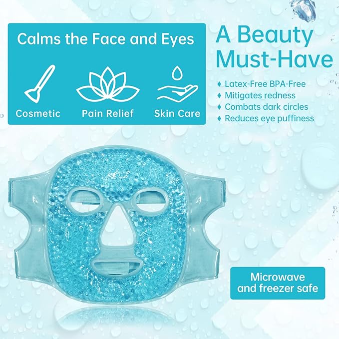 Ice Face Mask Reusable and Cold Gel Eye Mask for Puffiness/Dark Circles/Eye Bags/Dry Eyes/Headaches/Migraines/Stress Relief, Ice Pack for Eyes & Face (Blue)-VivaGrace Women