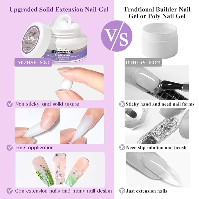MIZHSE Solid Builder Gel for Nails, 60g White 3D Gel Nail Art Sculpting Non-Sticky Carving Hard Extension Soak Off UV LED for Salon Manicure Home DIY-VivaGrace Women