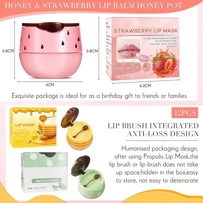 12 Pcs Bee Lip Balm Honey Pot with Brush Propolis Lip Mask Overnight, Moisturizing Hydrating Lip Sleeping Mask Prevention Dry and Cracked(Honey+Strawberry+Apple Lime)-VivaGrace Women