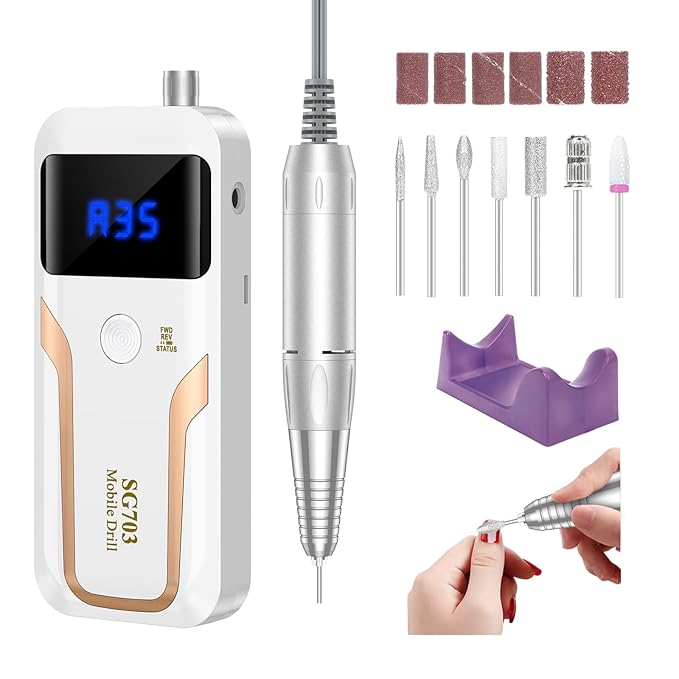 Portable Nail Drill Professional 35000 RPM, MOCOWIND Rechargeable Electric Nail File Machine for Acrylic Nails Gel Polishing Removing, Cordless E-File with Bits Kit for Manicure Salon Home, White-VivaGrace Women
