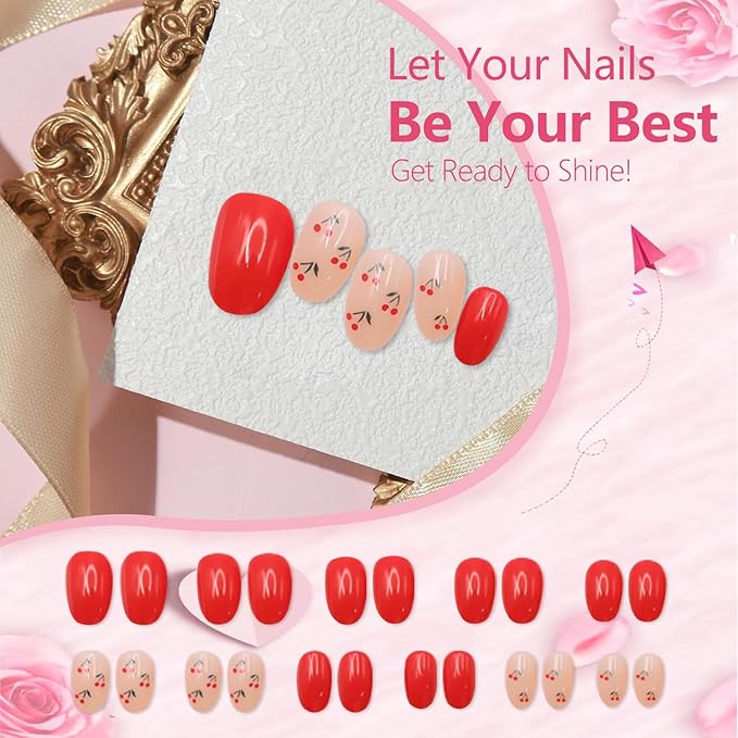 24 Pcs Cherry Press-on Nails | Extra Short, Almond Shaped, Pink/Red - Full Cover, Acrylic, Reusable, Fruit Design, Glossy Finish for Women's Daily Nails Art