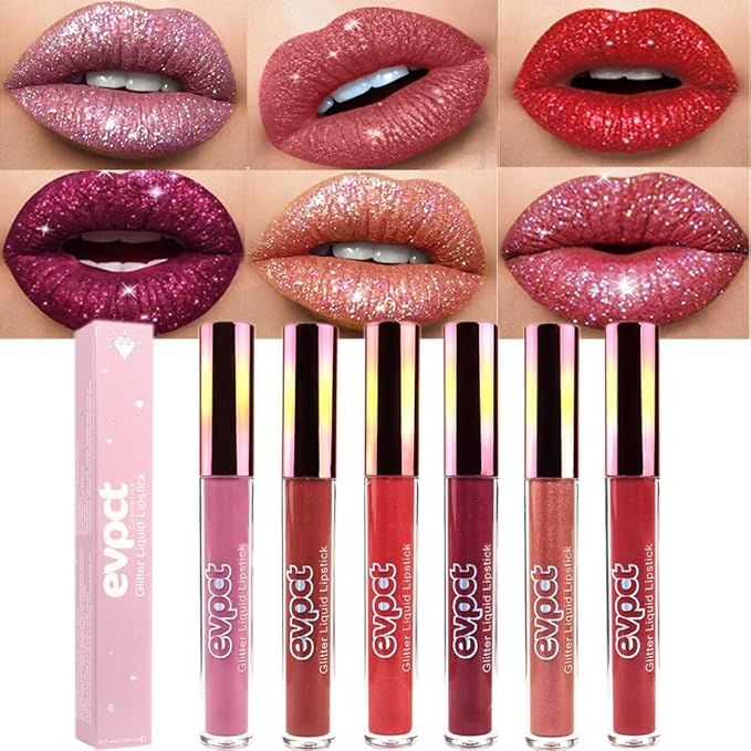 evpct 6Pcs Diamond Lip Gloss Matte to Glitter Liquid Lipstick Waterproof, Metallic Metal Shimmer Liquid Diamond Glitter Sparkle Sparkling Lipstick Lip Gloss Sets for Women Lips Kit, glitter+lipstick-VivaGrace Women