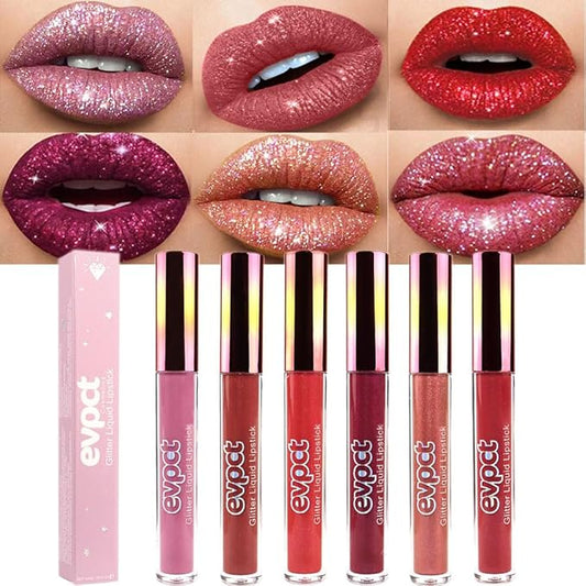 evpct 6Pcs Diamond Lip Gloss Matte to Glitter Liquid Lipstick Waterproof, Metallic Metal Shimmer Liquid Diamond Glitter Sparkle Sparkling Lipstick Lip Gloss Sets for Women Lips Kit, glitter+lipstick-VivaGrace Women