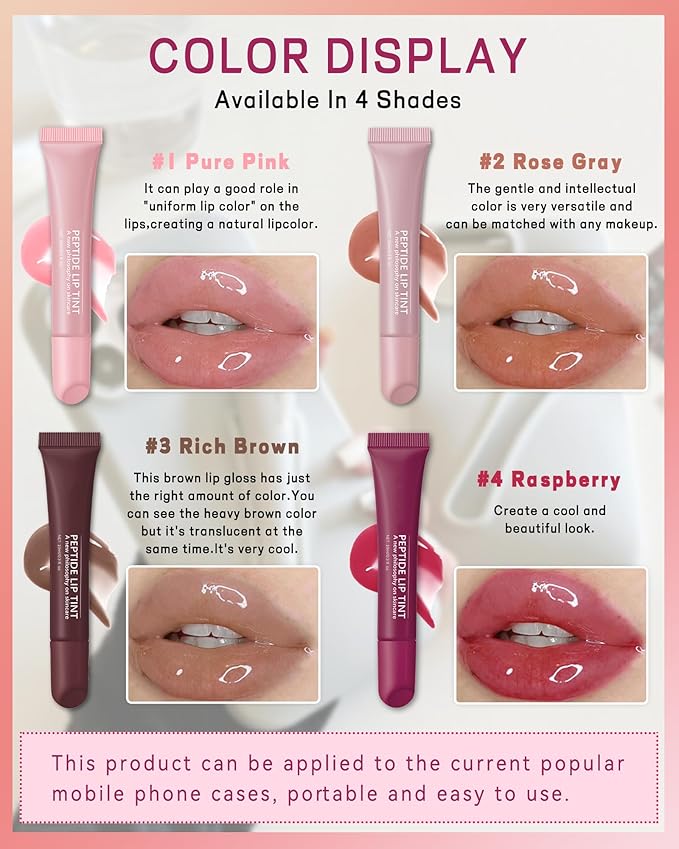 Tinted Lip Balm-2Pcs Pink Brown Peptide Hydrating Lip Tint Moisturizer,Jelly Glossier Lip Treatment Balm,Non-Stick Glow Reviver Lip Care Oil,Yummy Glowy Lip Gloss,Thanksgiving Makeup for Women-01+03-VivaGrace Women
