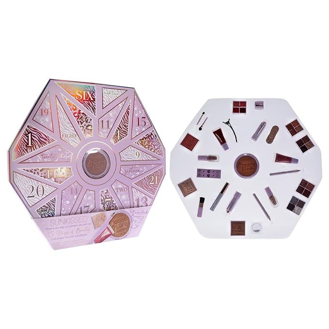 Sunkissed Christmas 25 Days of Beauty - Face, Lips and Eye Makeup - 2 Nail Polishes and 3 Cosmetic Brush Applicators - Vegan Formula - 25 Makeup Products and Accessories - 1 pc Gift Set-VivaGrace Women