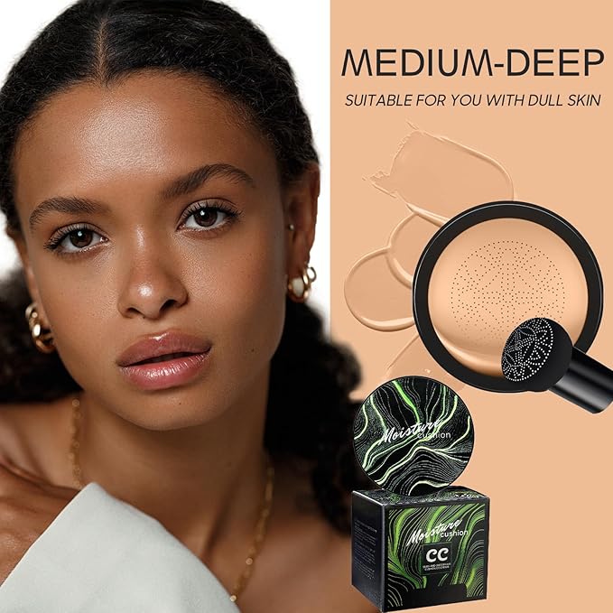 Mushroom Head Air Cushion CC Cream - BB Cream Foundation Makeup Moisturizing Concealer Long-Lasting, Cushion Foundation Full Coverage Self Adjusting for Mature Skin & All Skin Types （Medium Deep)-VivaGrace Women