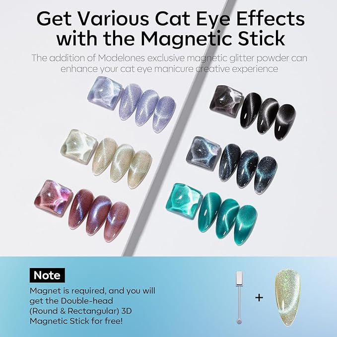 modelones Cat Eye Gel Nail Polish Set, 6 Colors Holographic 9D Glassy Cat Eye Glitter Gel Polish Set Black Blue Purple Green Nail Polish Kit with Magnet Soak Off LED Nail Art DIY Salon Gift-VivaGrace Women