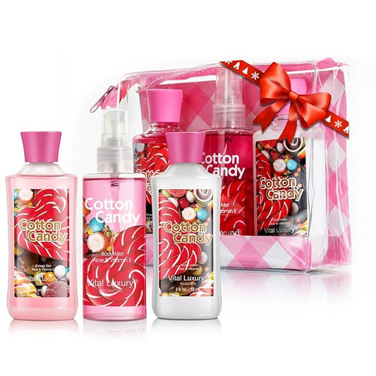 Bath & Body Care Travel Set - Home Spa Set with Body Lotion, Shower Gel and Fragrance Mist, Valentines Day Gifts for Her and Him(Cotton Candy)-VivaGrace Women
