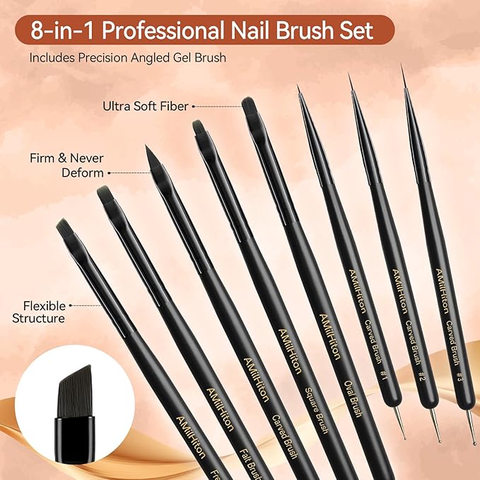 8PCS Nail Art Brushes for Builder Gel, Polygel & Polish – Flat, Round, Liner, French Tip & Detail Brushes for 3D Acrylic Flowers – Professional Nail Painting & Design Tools-VivaGrace Women