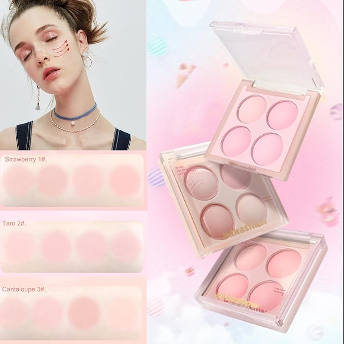 Matte Blush Powder Palette, Blending Mood Cheek, 4 Blendable Shades Korean Fairy Pink Blusher in Lightweight Smooth Powder, Vegan Makeup (Taro 2#, 1.84 ounces)-VivaGrace Women