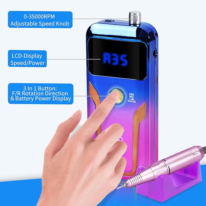 Portable Nail Drill Professional 35000 RPM, MOCOWIND Rechargeable Electric Nail File Machine for Acrylic Nails Gel Polishing Removing, Cordless E-File with Bits for Manicure Salon Home, Blue & Purple-VivaGrace Women