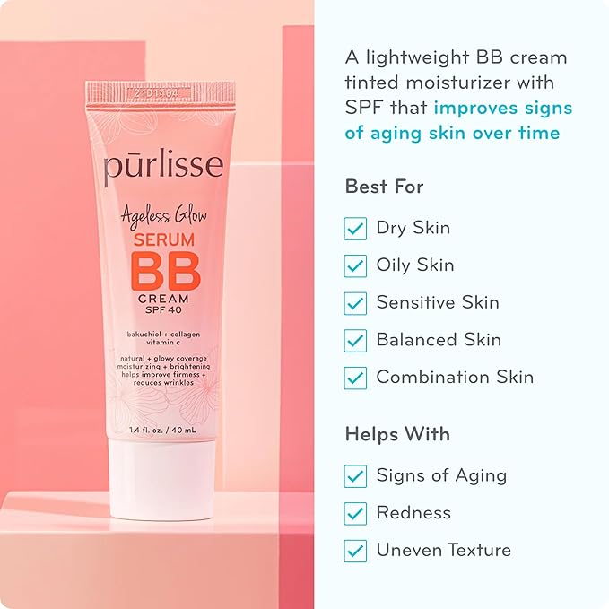 pūrlisse Ageless Glow Serum BB Cream SPF 40 - Glow BB Cream with SPF Enriched with Bakuchiol & Vitamin C to Help Improve Firmness & Reduce Wrinkles for Dewy Skin - Light Warm (1.4 oz)-VivaGrace Women
