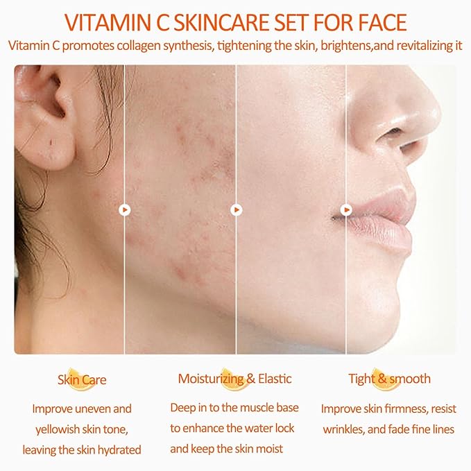 Vitamin C 5-Piece Skincare Set with Cleanser, Toner, Serum, Eye Cream and Face Cream for Skin Brightening skin care set skincare gift set skin care set for Unisex Adult-VivaGrace Women