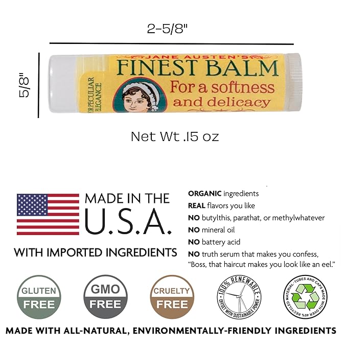 Jane Austen's Finest Balm, Lip Balm Tube, Peppermint Flavored - Cruelty-Free and Made in the USA from Natural and Imported Ingredients-VivaGrace Women