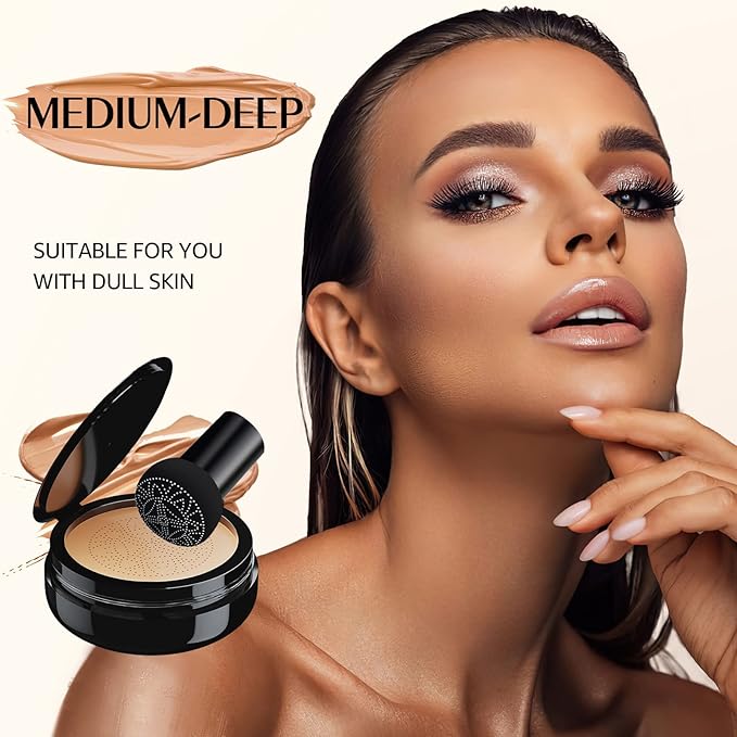 Mushroom Head Air Cushion CC Cream Foundation - Moisturizing & Long-Lasting BB Cream Concealer Makeup Base for All Skin Types, Brighten Long - Lasting Even Color Correcting Concealer (Medium Deep)-VivaGrace Women