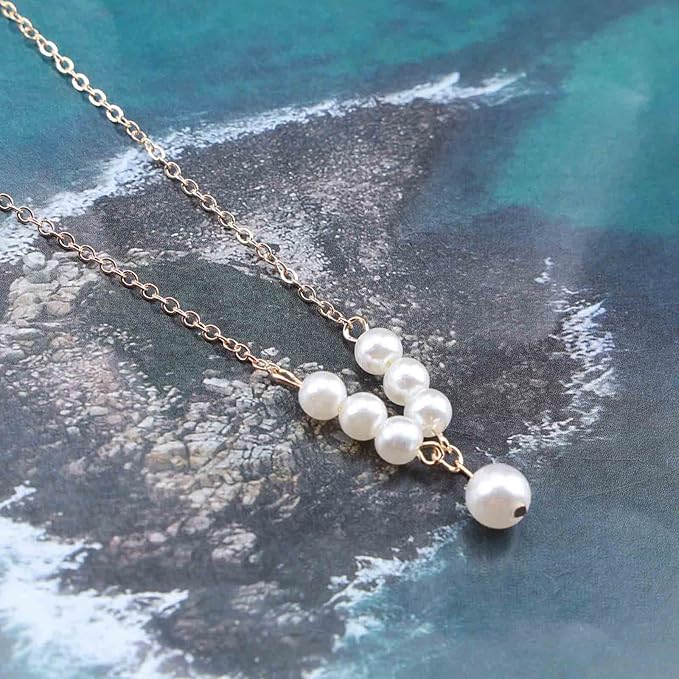 Vintage Pearl Pendant Necklace Gold Pearl Beads Necklace Freshwater Cultured Pearl Chain Necklace Pearl Bar Necklace Chain Jewelry for Women and Girls-VivaGrace Women