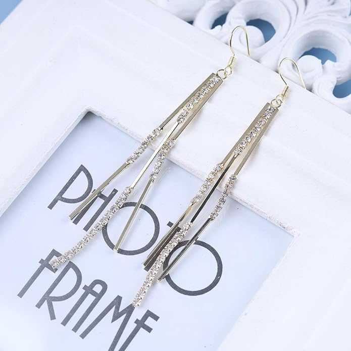 Vintage Crystal Tassel Earrings Rhinestone Bar Drop Earrings Long Rhinestone Chain Earrings Gold Cz Bar Hook Earrings Sparkle Tennis Chain Earrings Jewelry for Women-VivaGrace Women