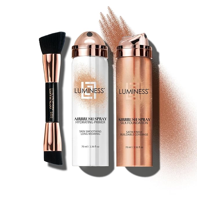 LUMINESS Airbrush Spray Silk Foundation Starter Kit - Light Deep - Foundation, Primer & Dual-Sided Angled Buffing Brush - Medium, Buildable Coverage, Anti-Aging Formula Hydrates & Moisturizes-VivaGrace Women